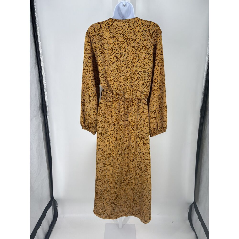 Mustard Yellow Animal Print Wrap Dress | Long Sleeve V-Neck Midi with Tie Waist - Picture 5 of 7